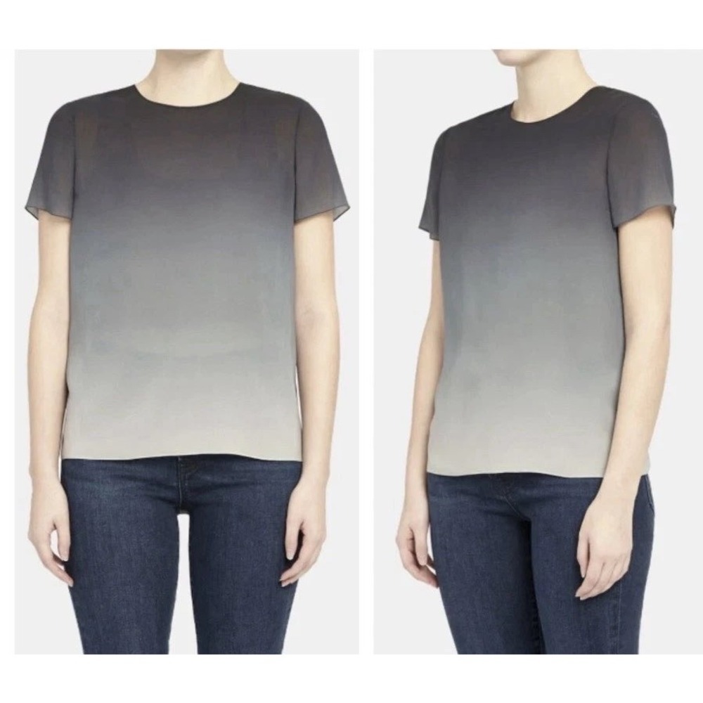 Theory Ombré Silk Georgette Woven Tee Black Gray Size L